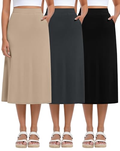 Huukeay 3 Pack Midi Skirts for Women Summer with Pockets A Line Flared Stretchy High Waist Long Skirt Dressy Casual