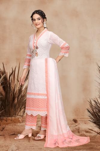 Kurta droite et pantalon broderie Schiffli pêche
