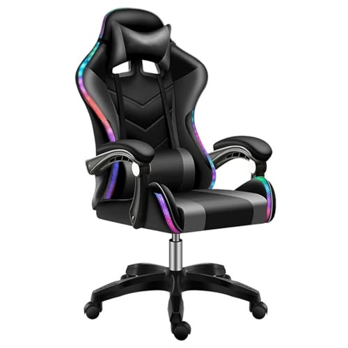 Silla para Videojuegos con Soporte Lumbar con Masaje, Silla ergonómica para Ordenador con Altavoz Bluetooth y Luces de Colores, Silla de Oficina para Ordenador Resistente con Respaldo Alto