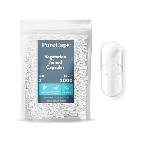 PureCaps USA - Empty Vegetarian Pill Capsules Size 2 | 2,000 Joined Pills| Clear| Non-GMO Certified | SLS, Gluten, Preservative Free