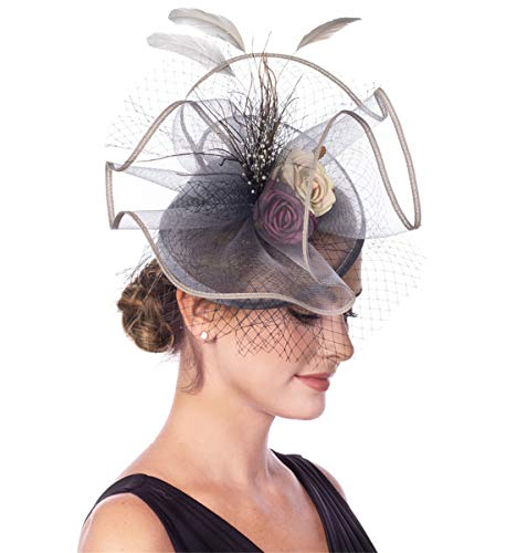 Fascinators Hat for Women Flower Cocktail Tea Party Derby Kentucky Wedding Headwear Top Hat, 2-grey, Medium - Thumbnail 2