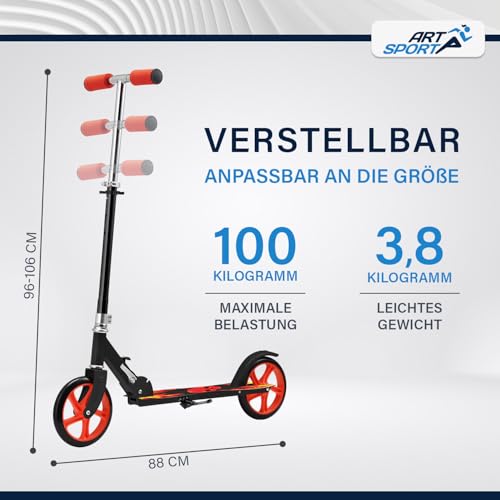 ArtSport Scooter Cityroller Fire Big Wheel 205 mm R&auml;der klappbar & h&ouml;henverstellbar - Kinder-Roller ab 3 Jahre - Tretroller bis 100 kg - schwarz/rot
