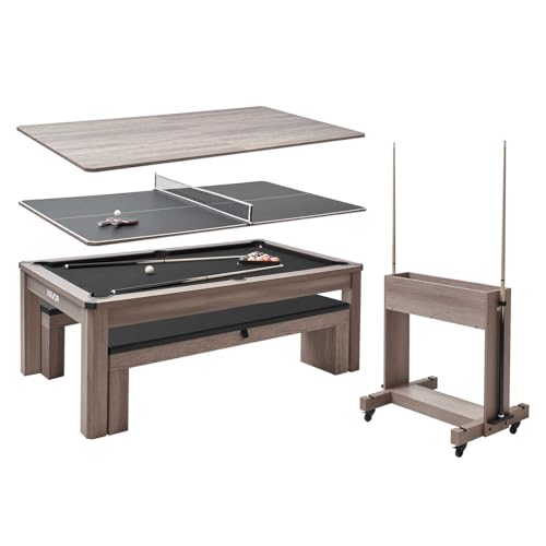 VEVOR Table de Billard 3 en 1, Table à Manger Transformable en Billard et Tennis de 214 cm, avec 2 bancs de Rangement pour Porte-queues, Brosse à Craie, Support pour Boules, pour Domicile, Club