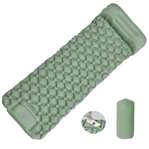 MEI&CO Ultra-Light Inflatable Sleeping Pad with Built-in Pillow & Foot Pump – for Camping, Hiking & Backpacking – Single Pad with Side Buttons for Double Conversion (1, Green)
