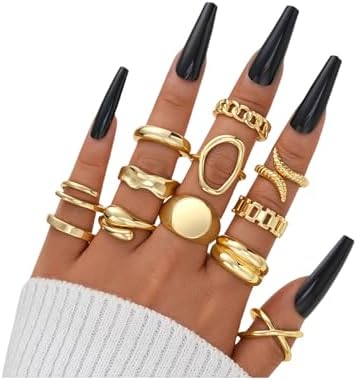 FAXHION 12PCS Gold Stackable Rings Set for Women, 18K Gold Plated Open Stacking Knuckle Ring, Adjustable Chunky Signet Band Statement Ring for Gift