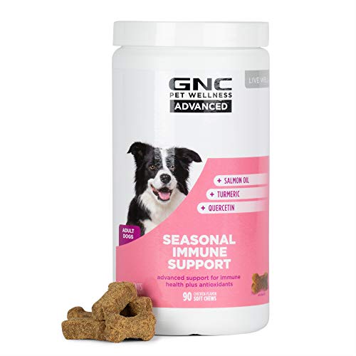 GNC Pets ADVANCED Seasonal Immune Support Dog Supplements | 90 Ct Salmon Oil Dog Supplements for Skin and Respiratory Health | Chicken Flavored Soft Chews with Salmon Oil, Turmeric, & Quercetin