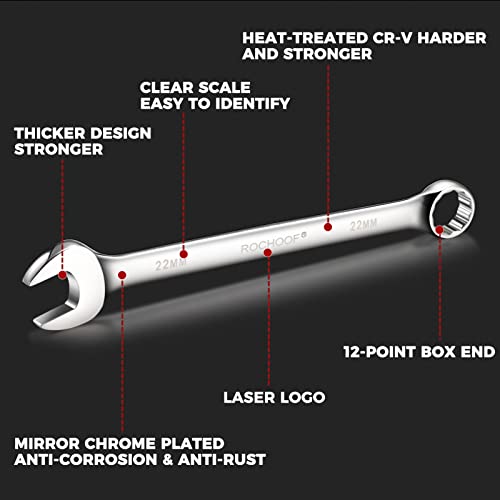 Rochoof Combination Wrench Set,32-Piece Chrome Vanadium Steel Wrench Set 12-Point Sae & Metric Wrenches 1/4"-1" And 7-22Mm With Rolling Pouch #TOP2