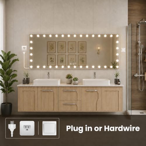 Image of WTTY 84 inchx32 inch Hollywood Vanity Mirror with Lights, Wall-Mounted Makeup Mirror with 3 Color Temperatures, Stepless Dimmable Bulbs, Anti-Fog & Shatter-Proof