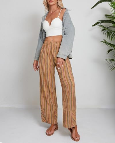 Striped Palazzo Pants for Women Summer Casual Elastic High Waisted Wide Leg Beach Pants Travel Vacation Outfits4