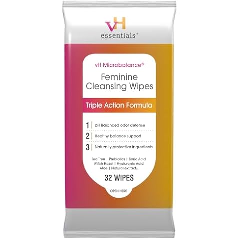 vH essentials Feminine Cleansing Wipes - pH Balanced, Prebiotics, Tea Tree & Aloe, Soothing Witch Hazel, Odor-Blocking Formula, Vaginal and Perianal Care, Paraben, Alcohol, and Fragrance-Free Cover