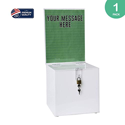 Clear-Ad - SBB-88-H-WHT - Acrylic Donation Box with Lock and Sign Holder - Plastic Countertop Container for Voting, Charity, Ballot, Survey, Raffle, Contest, Suggestions, Tips, Comments (8x8 White)