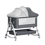 Jaoul 4 in 1 Baby Bassinet Bedside Sleeper Baby Crib, Adjustable Cosleeper for Baby, Easy Folding Portable Baby Bed Rocking Bassinets with Comfy Mattress Mosquito Net Storage for Infant Newborn Gray