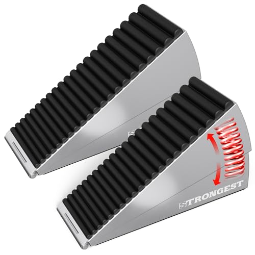 Image of STRONGEST HOME Stoppers for Bottom of Door - Heavy Duty Metal Rubber Door Stopper, Non-Slip Door Stop for Heavy Doors, Works on Wood, Tile & Carpet Floors, Folding Chrome 1 PC + White Wall Protectors