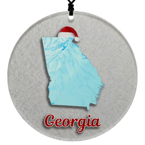 Georgia Christmas Ornament - Winter Theme Featuring Snow, State Terrain Map and Santa Cap - 2024 Acrylic Tree Decoration - Holiday Gift and Home Decor