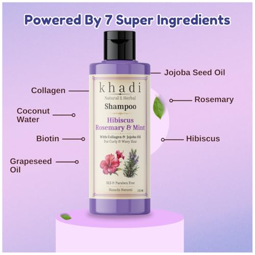 Image of Khadi Hibiscus Rosemary Mint Shampoo with Collagen & Jojoba Oil | Curly & Wavy Hair Care | Khadi Herbal Shampoo for Women & Men | Sulfate, SLS & Paraben Free 120 ml