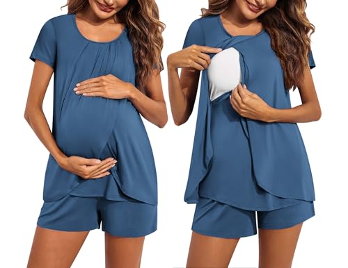 Image of Ekouaer Women's Maternity Nursing Pajamas Set Breastfeeding Sleepwear Double Layer Short Sleeve Top & Shorts Nursing Pjs