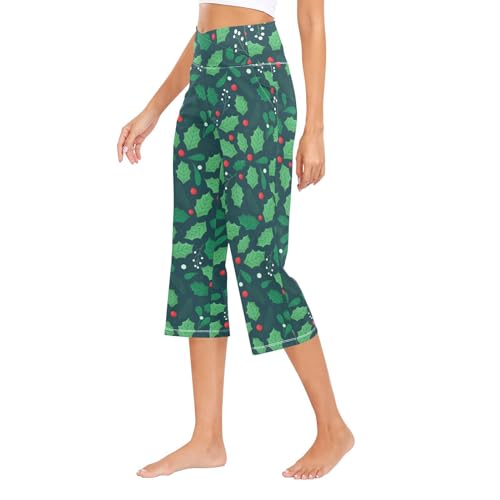 KLL Calças de ioga longas de Natal com folhas de azevinho de cintura alta calças esportivas para con