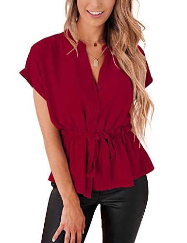 Womens Button Down Blouses Casual Peplum Summer Tops Dressy Chiffon Work Blouse Bright Red
