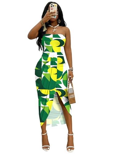 Image of Umenlele Women's Strapless Ruched High Waist Wrap Split Asymmetrical Beach Maxi Long Dress
