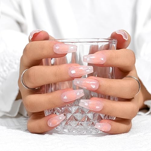 Sethexy Long Coffin Pink False Nails Handmade Rhinestone Blush Gradient Fake Nails Crystal Glitter Press On Nails Glossy Acrylic Salon Quality Nail Art Removable for Women and Girls (V) - Image 3