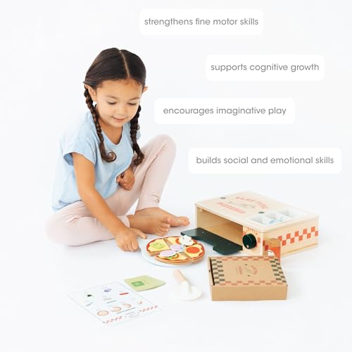 Image of Pearhead Wooden Pizzeria Play Food Set, 38-Piece Pizza Oven Toy | Montessori Pretend Kitchen Accessories, Pizza Toppings, Preschool Learning Toys for Toddlers, Ages 3+