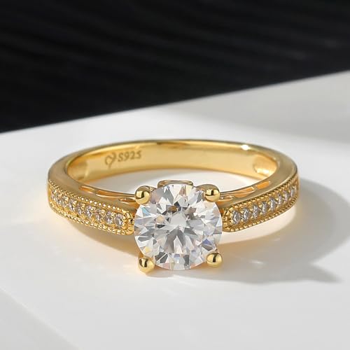 Jeulia Classic Moissanite Engagement Ring for Women; D Color Round Cut 925 Sterling Silver Wedding Ring Yellow Gold CZ Anniversary Promise Rings for Her with Jewelry Gift Box3