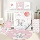 KAINSY Personalized Nursery Bedding Set, 5 Pcs - Custom Baby Girl Elephant Bedding, Toddlers Bedding Set with Name, Double Layer, Customized Gift for Infant Kid