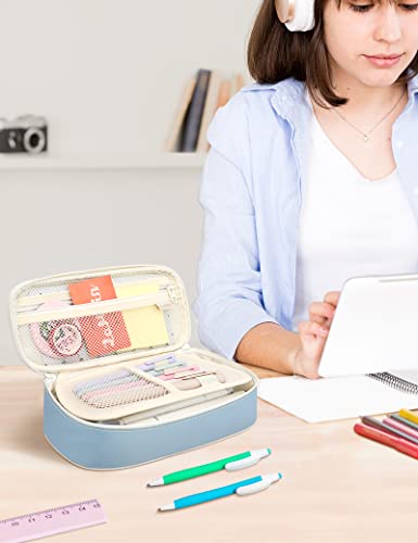 SUNEE Cute Pencil Case, Aesthetic Pen Pouch, Colored Large Pencil Bag with Zipper, Kawaii Stationery Storage and Organizer, School Supplies for Teen and Adult Girls, Blue - Image 3