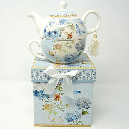 Delton Product Porcelain Tea for One in Gift Box Blue Butterfly 5.8 Inches
