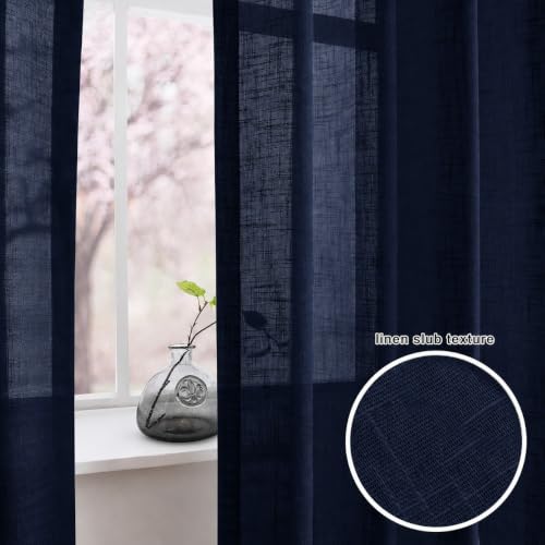 Image of THE LINEN COMPANY Cotton Linen Solid Window Curtain, Farm House Curtains 2 Pcs Set with Steel Eyelet Rings :- 5 Feet (Dark Blue, Pack of 2) | Sheer