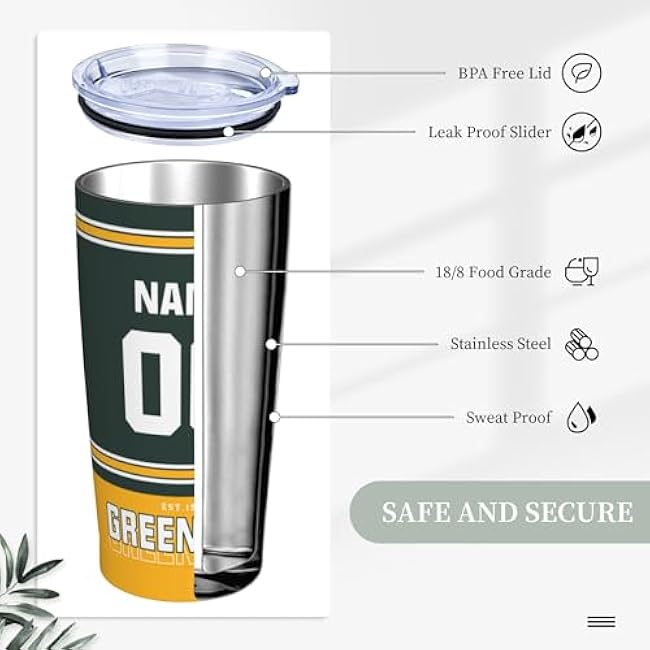 Green Bay Customize 20oz stainless steel Cup and Straw, Gifts for Men Women, Stainless Steel Vacuum Insulated Flip Straw Spill Proof Travel Mug Cup