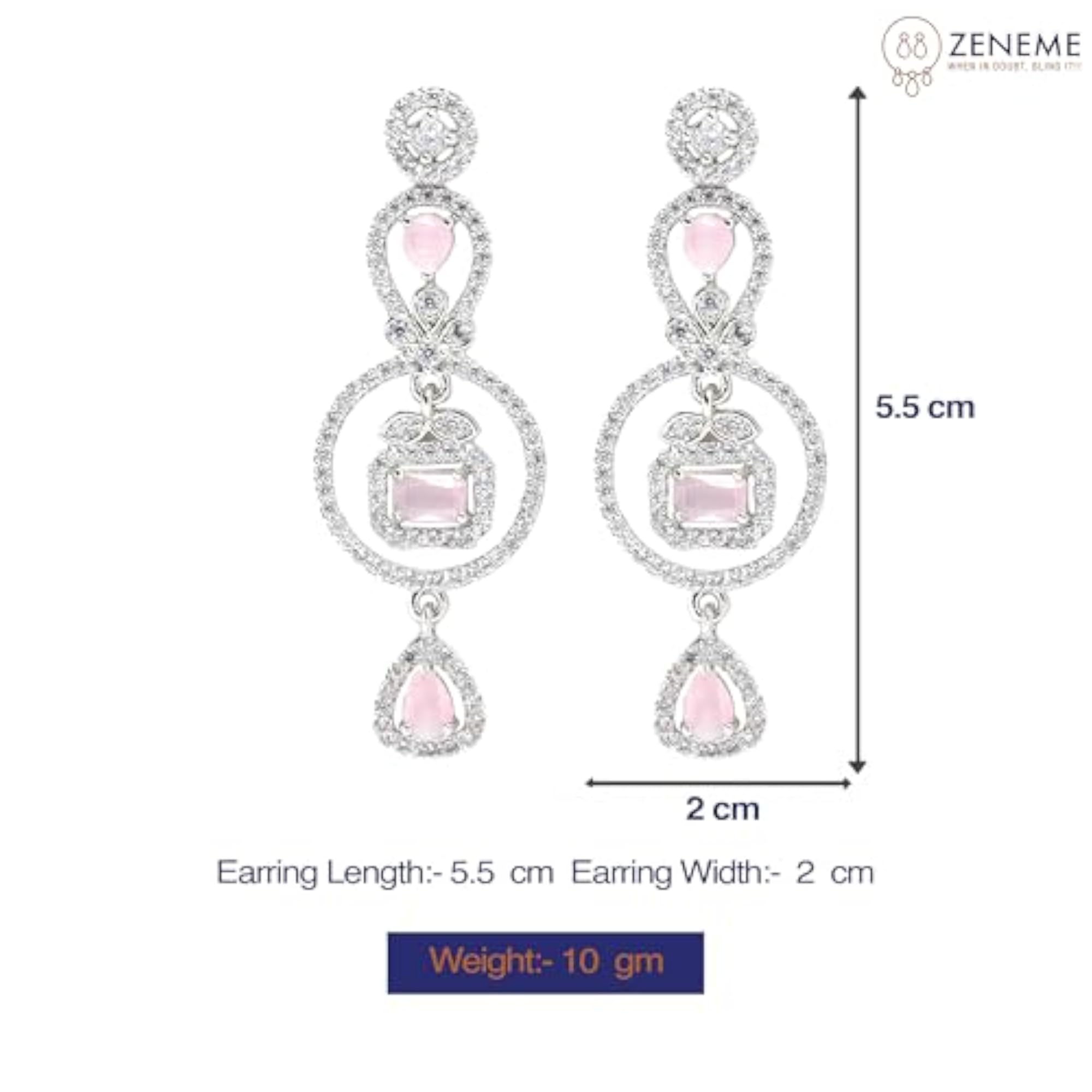 Rhodium-Plated Circular Drop Earrings with American Diamond