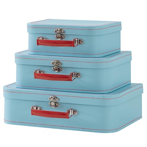 SLPR Paperboard Suitcases Set of 3, Light Blue - Vintage Cardboard Suitcase Decor, Nesting Luggage Decorative Mache Boxes with Hinged Lids and Brass Handles, Mini Suitcases for Centerpieces