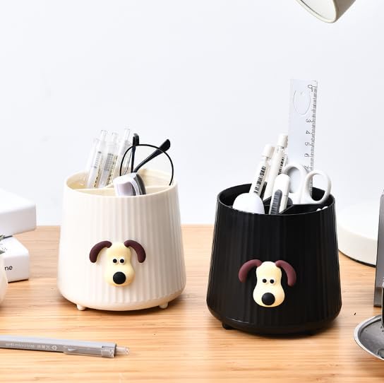 Image of AccuPrints Sumiko Plastic Desk Organiser Pen Holder with Dog Design, Semicircular Shape, 11.5 x 10.5 cm, 4 Compartments, Matte Finish (White)