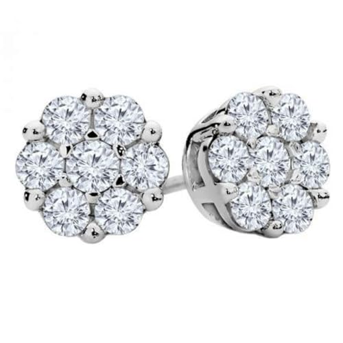 White Gold Plated 925 Sterling Silver Women’s Men’s Iced CZ Round Flower Cluster Hypoallergenic Circle Hip Hop Trendy Fashion Cubic Zirconia Stud Screw Back Earrings