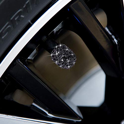 SAVORI Valve Stem Caps, 4 Pack Handmade Crystal Rhinestone Universal Car Tire Valve Caps Chrome,Attractive Dustproof Bling Car Accessories(Black)