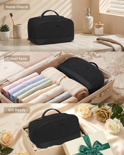 Image of Hynes Eagle Travel Makeup Bag for Women Puffy Cosmetic Organizer Pouch Open Flat Toiletry Bag for Toiletries Brushes Structured Base Jet Black