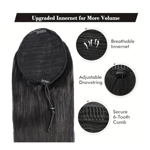 Coleta de cabello humano liso y largo de 24 pulgadas con sistema de ajuste de cordón seguro 3