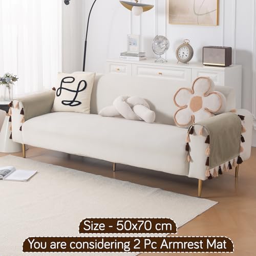 Image of HOKIPO Premium Holland Velvet Armrest Covers with Tassel for Sofa - 'TasselTone Series' (2 Pcs), Sand Beige (IN-1102-BGE*2SM)