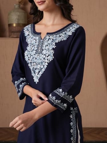 Image of QAZMI Women's Aari Embroidered Viscose Rayon 3 /4 Sleeves Keyhole Neck Straight Kurta