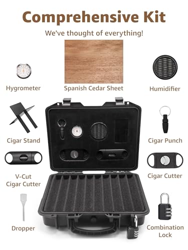 Cigar Humidor Case | Lockable, Waterproof, Crushproof, Airtight | Holds 20 Cigars | Durable, Portable Travel Cigar Humidor Kit for Aficionados - Image 3