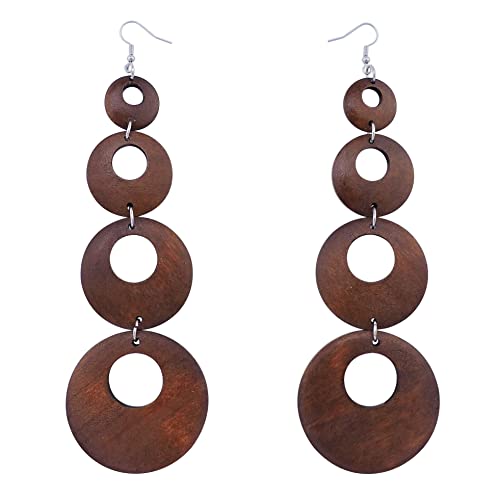 Coiris Große runde Kreise aus Holz, baumelnde Boho-Hippie-Ohrringe, lange Holzohrringe, baumelnde Ohrringe mit silbernem Haken für Frauen, groß, kein Edelstein