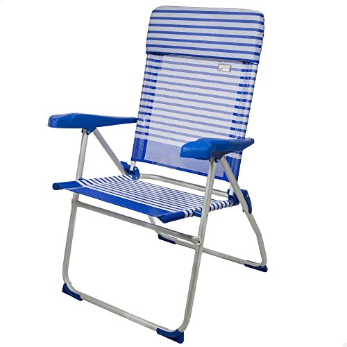 Aktive 53981 - Silla Plegable De Playa, Silla Alta, Silla Reclinable, 7 Posiciones, 65X62X101 Cm, Altura Del Asiento 41,5 Cm, Cabecero Acolchado, Color Azul Y Blanco, Aktive Beach