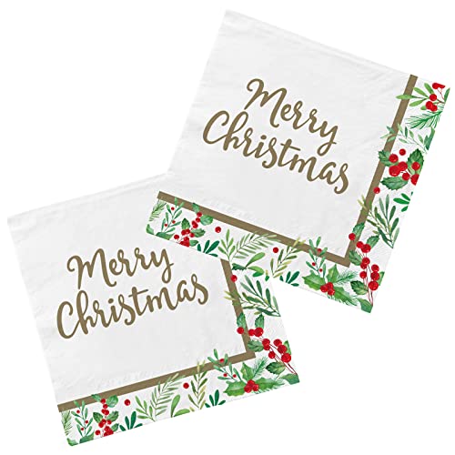 Christmas Party Supplies, Disposable Paper Napkins for Merry Christmas and Holiday Party Decorations, 50 Pack, Seasonal Holly Design