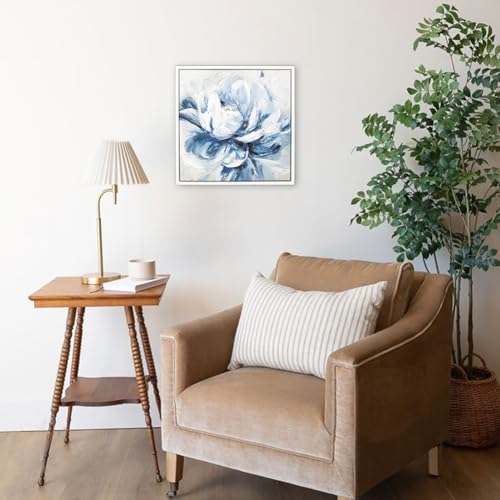 Hollyone Blumen Leinwandbilder 32.5x32.5 cm Ölgemälde Blume Wandkunst Gemälde Wohnzimmer Modern Wandbilder Schlafzimmer Handgemalt Blau Magnolie Gemälde Leinwand für Hotel Küche Büro Wanddeko