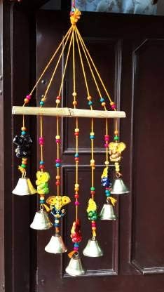 Fashion Bizz Wood Colored Lord Ganesha Bells Windchime Wall Hanging Wall Art Decorative Showpiece (18 inch, Multicolor)