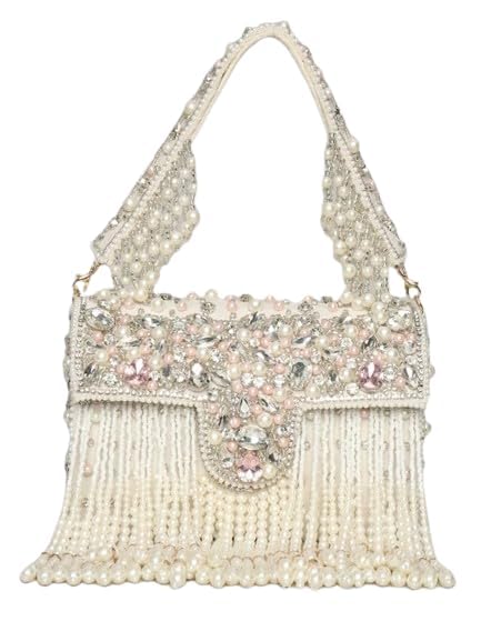 QAIDA FASHION Handcrafted Beaded and Sequined Pearl Clutch Purse, White and Pink silk material women hand bag (B0DGCMG972) Amazon Price History, Amazon Price Tracker