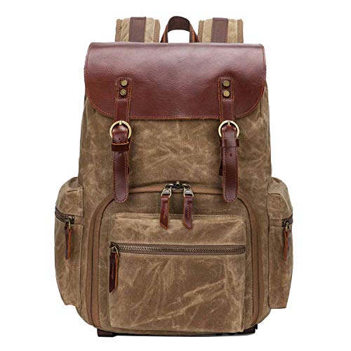 Wasserdicht Groß Kamerarucksack für Spiegelreflex, Stativ, 15 Zoll Laptop Fotorucksack aus Canvas Leder Vintage Rucksack (Braun)