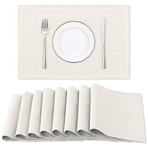 H.VERSAILTEX Linen Placemats Set of 8 Premium Solid Table Placemats for Dining Table Spill-Proof Waterproof Table Mats Heat-Resistant Kitchen Table Mats Washable, 12×18 inches, Ivory