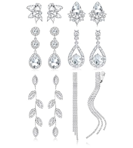 CASSIECA 6 Paires Boucles Oreilles Clip pour Femme Boucle d'Oreille Clip Oreilles Non Percées Argent Cristal Strass pour Mariées Demoiselles Pendantes Boucles...